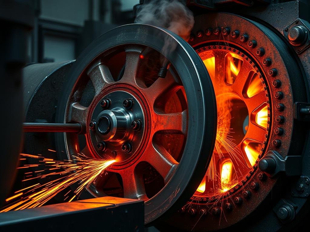 Aluminium forged wheel manufacturing process showing metal being compressed under high pressure