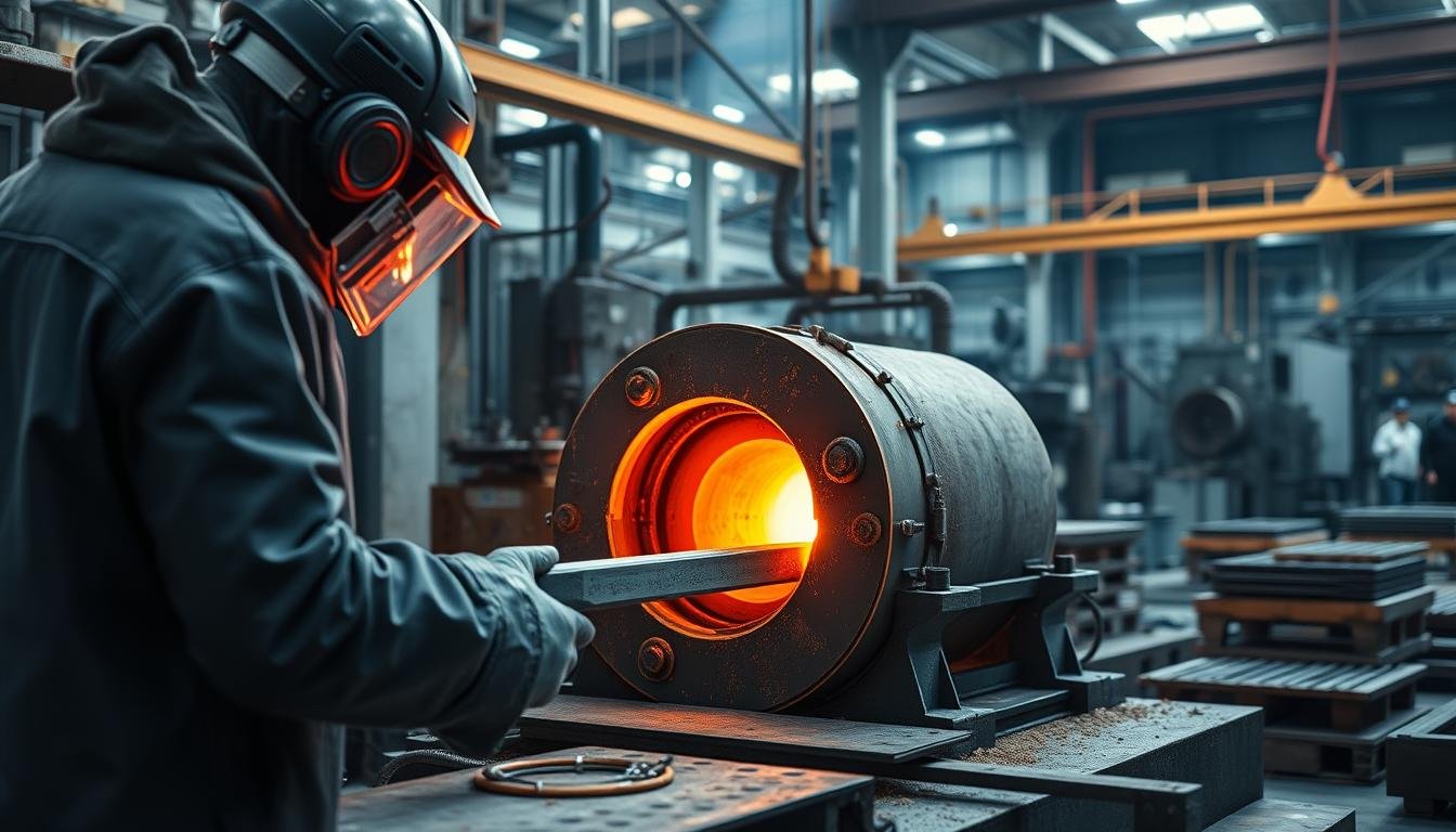 Aluminum billet being heated in a forge at MAIKONG factory