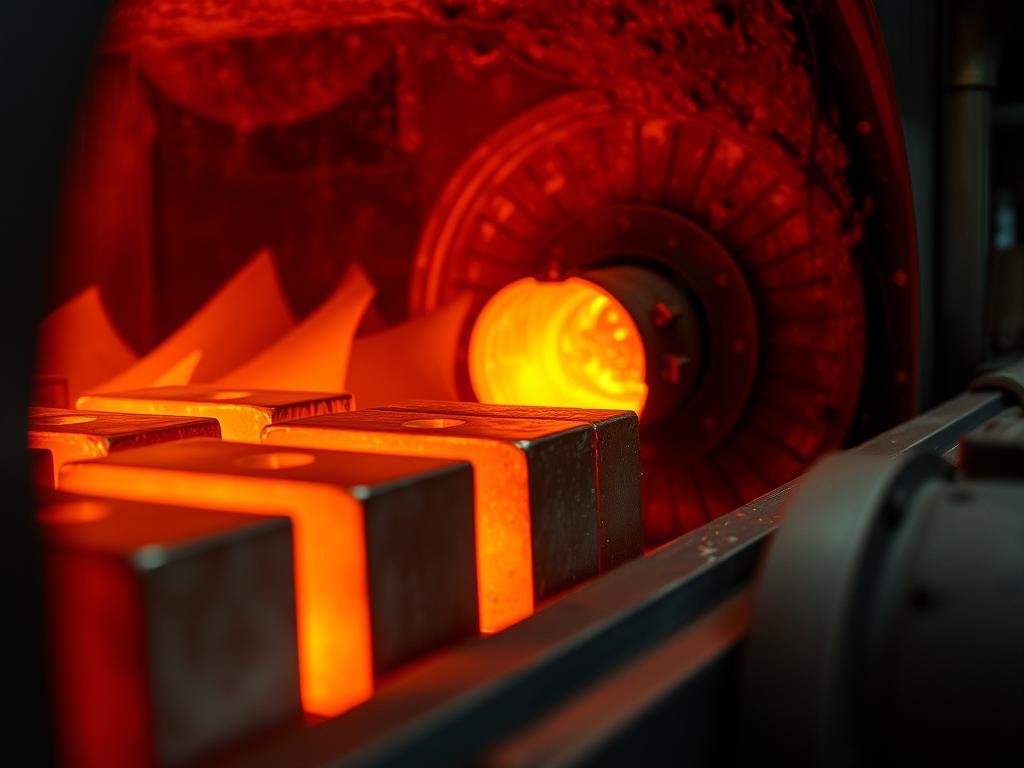 Aluminum billet being heated to forging temperature in an industrial furnace