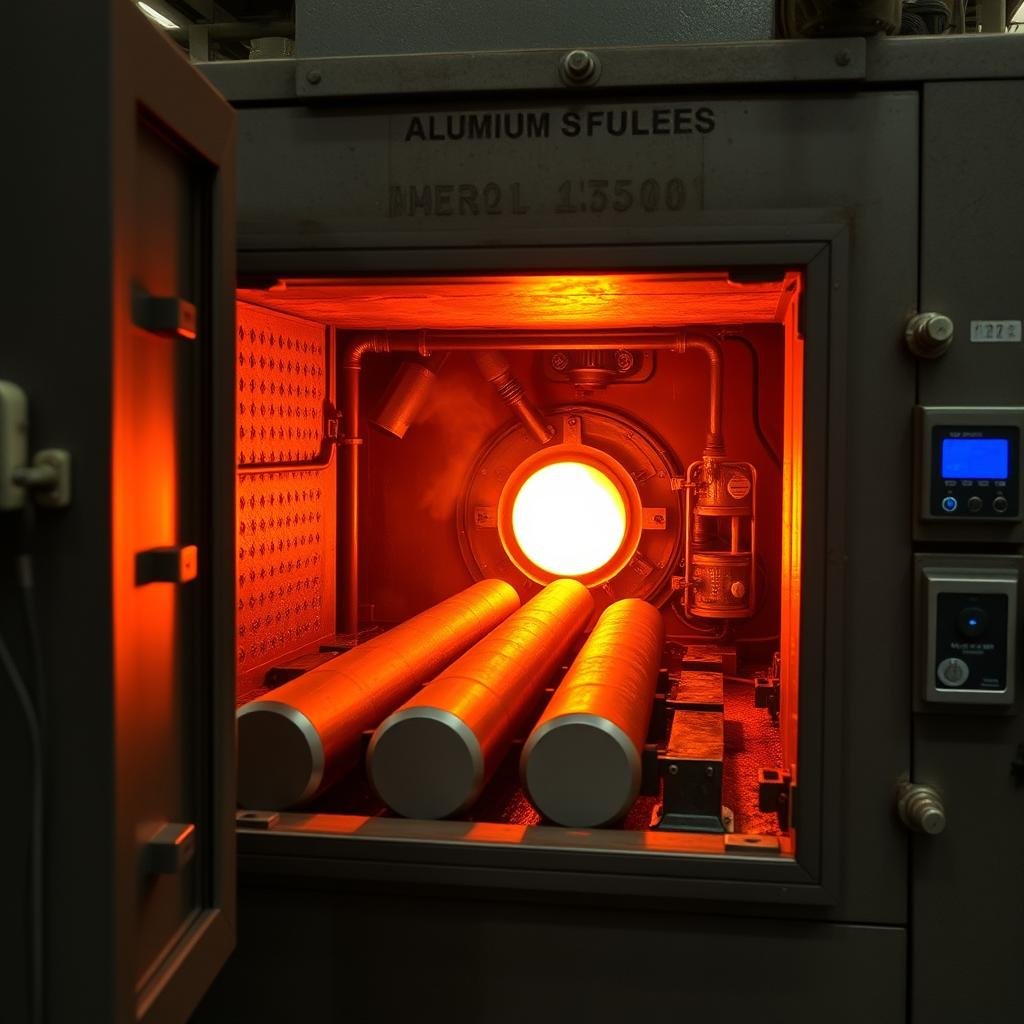 Aluminum billets being heated to forging temperature in industrial furnace Aluminum billets being heated to forging temperature in industrial furnace