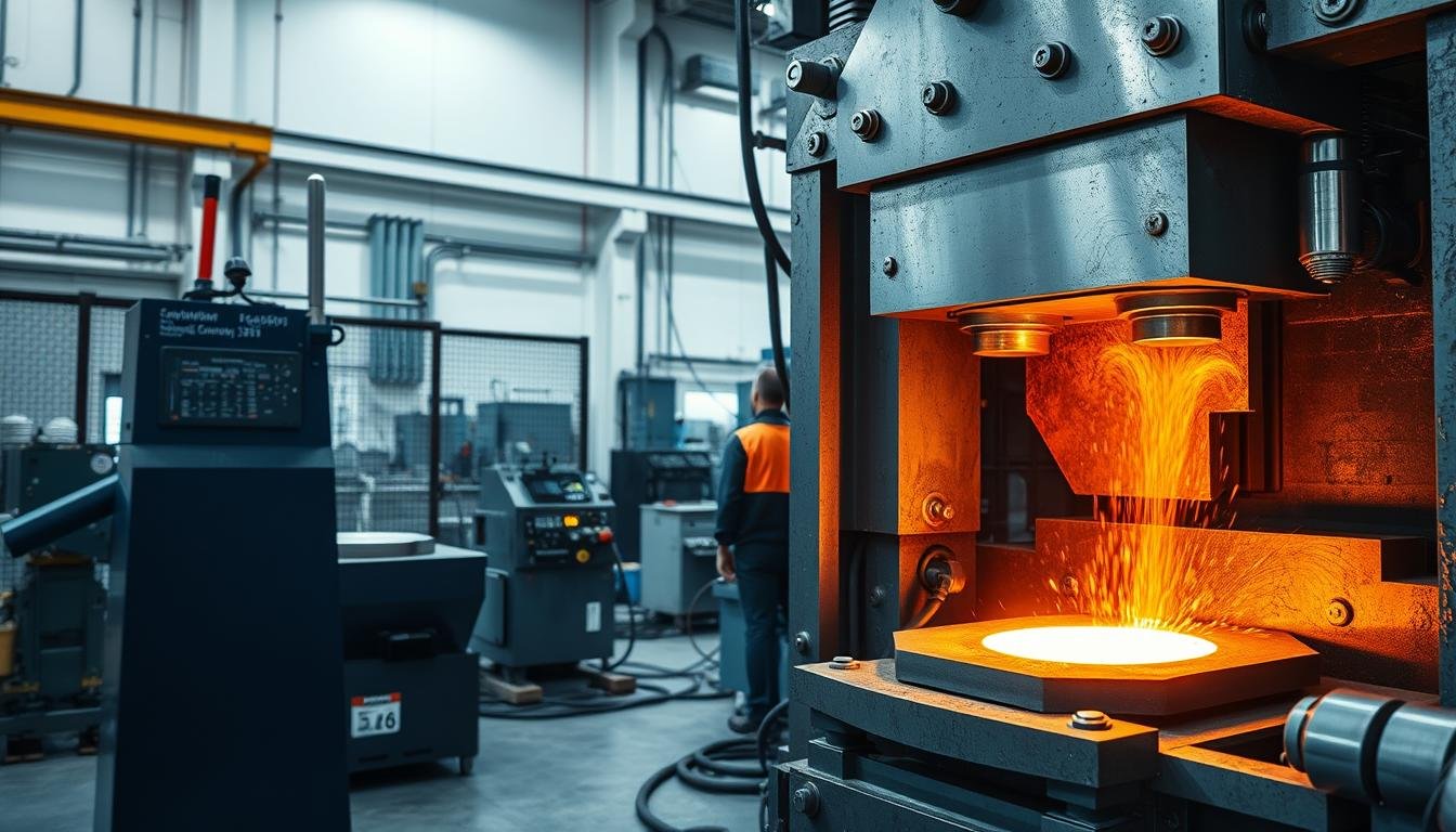 Aluminum forging process at MAIKONG Aluminum Forging Factory showing metal being shaped under pressure