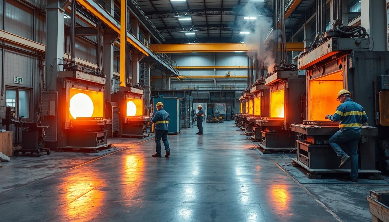 Aluminum forging process at MAIKONG factory showing hot aluminum being shaped