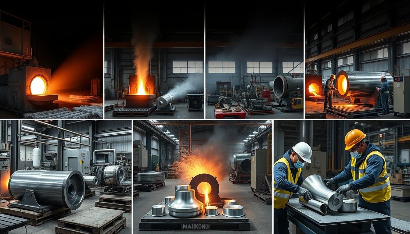 Aluminum forging process at MAIKONG showing multiple procedure steps