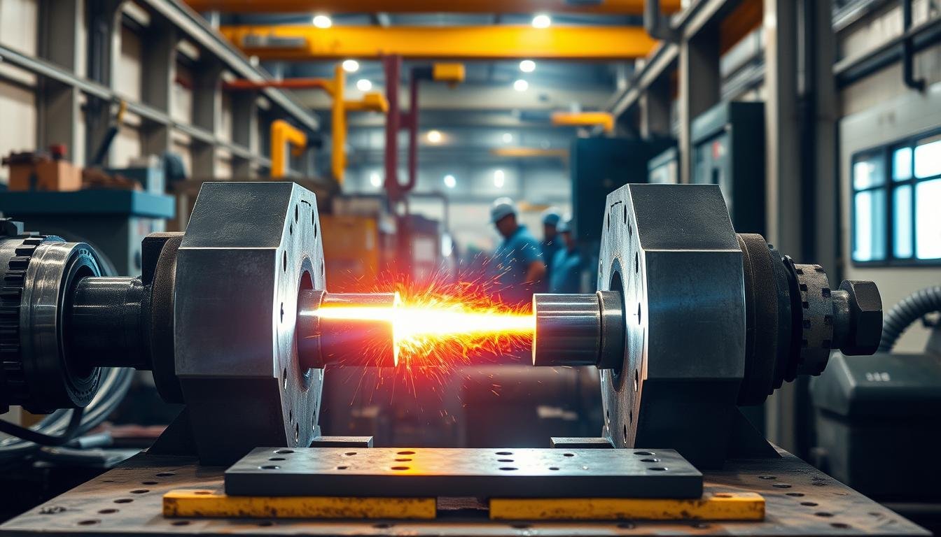 Aluminum forging process showing heated aluminum being pressed between dies