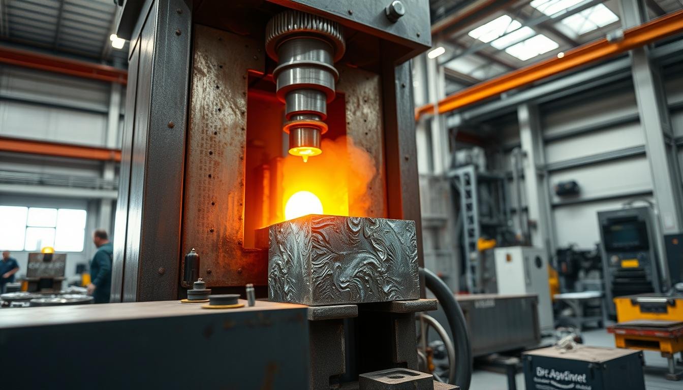 Aluminum forging process showing heated aluminum being shaped at MAIKONG facility