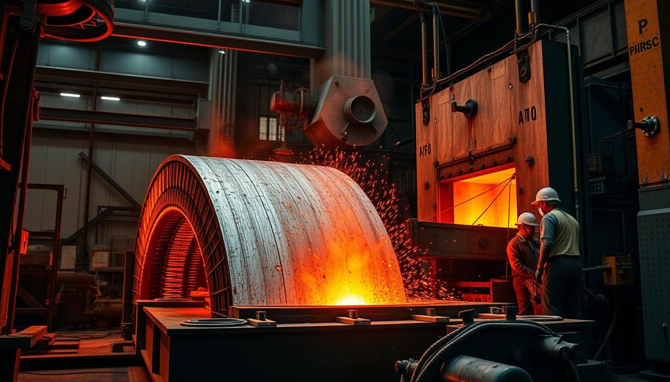 Aluminum forging process showing heated aluminum being shaped in a forge press Aluminum forging process showing heated aluminum being shaped in a forge press