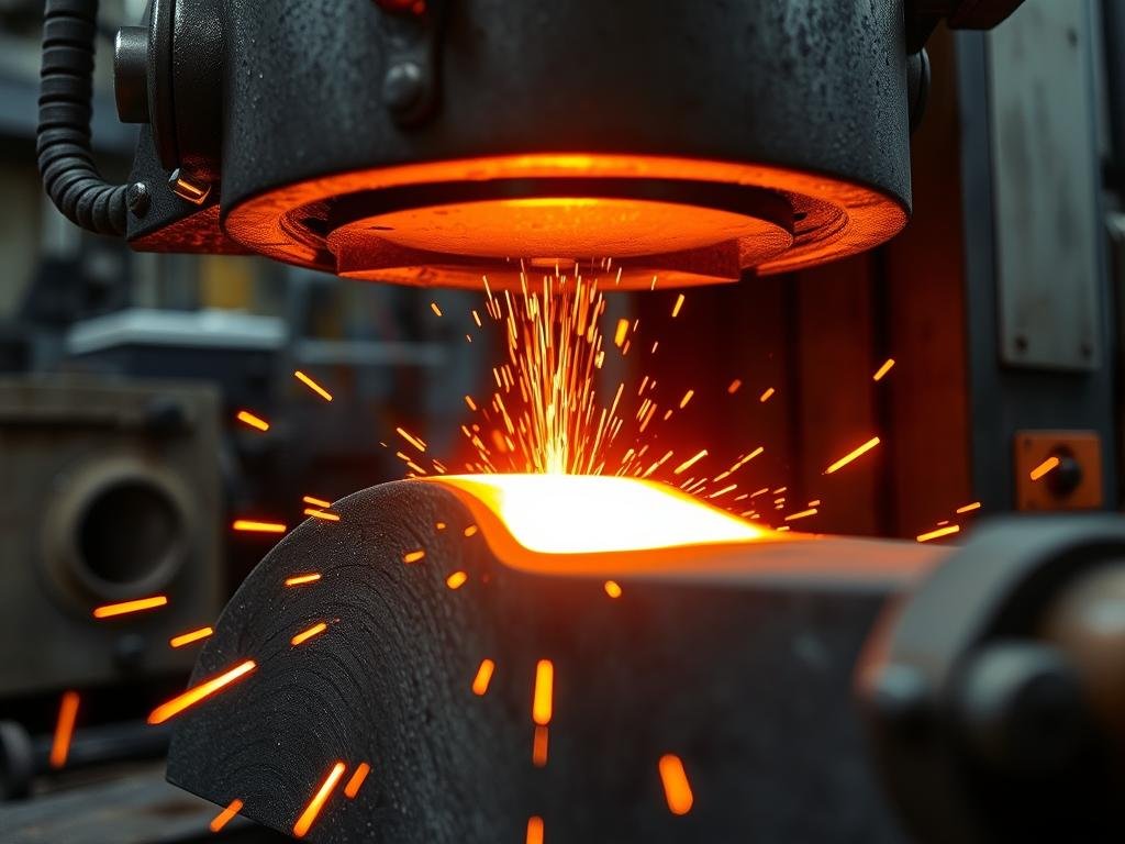 Aluminum forging process showing heated aluminum being shaped under high pressure at MAIKONG facility