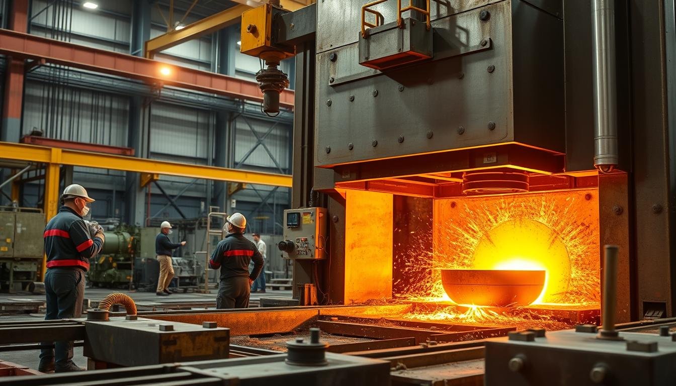 Aluminum forging process showing heated aluminum being shaped under hydraulic press