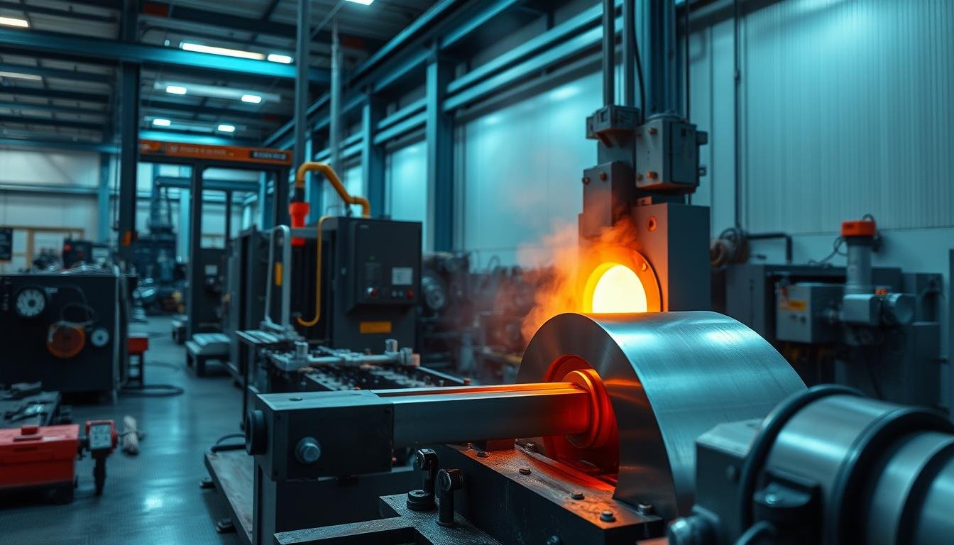 Aluminum forging process showing heated aluminum being shaped with industrial forging equipment