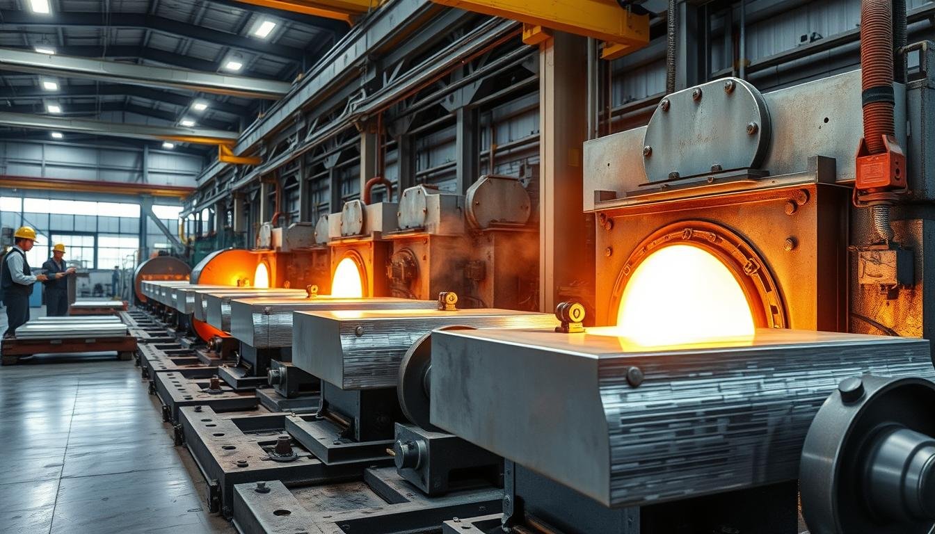 Aluminum forging process showing heated aluminum being shaped with industrial forging equipment