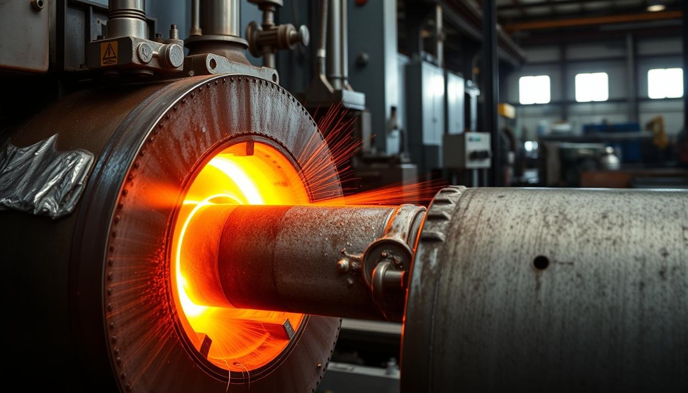 Aluminum forging process showing heated billet being pressed in industrial forge