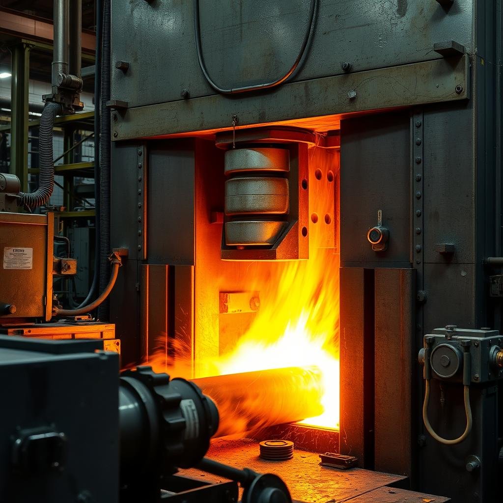 Aluminum forging process showing hydraulic press forming metal Aluminum forging process showing hydraulic press forming metal