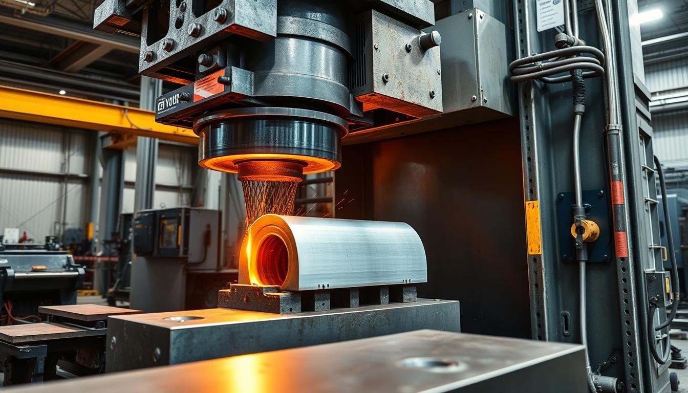 Aluminum forging process showing metal being shaped under pressure