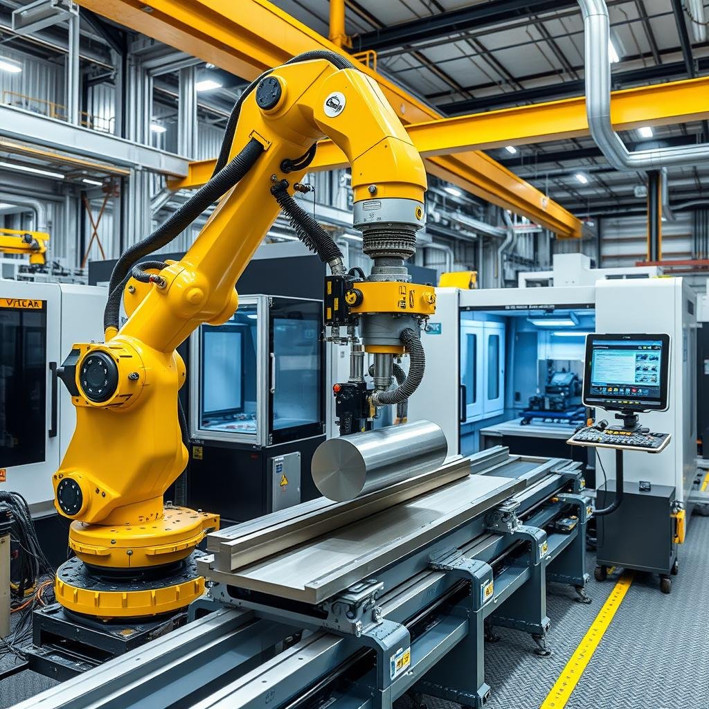 Automated robotic system handling billet material in smart manufacturing cell Automated robotic system handling billet material in smart manufacturing cell