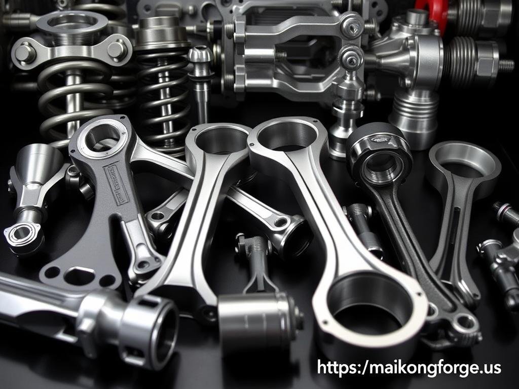 Automotive aluminum forged parts from MAIKONG showing suspension and drivetrain components