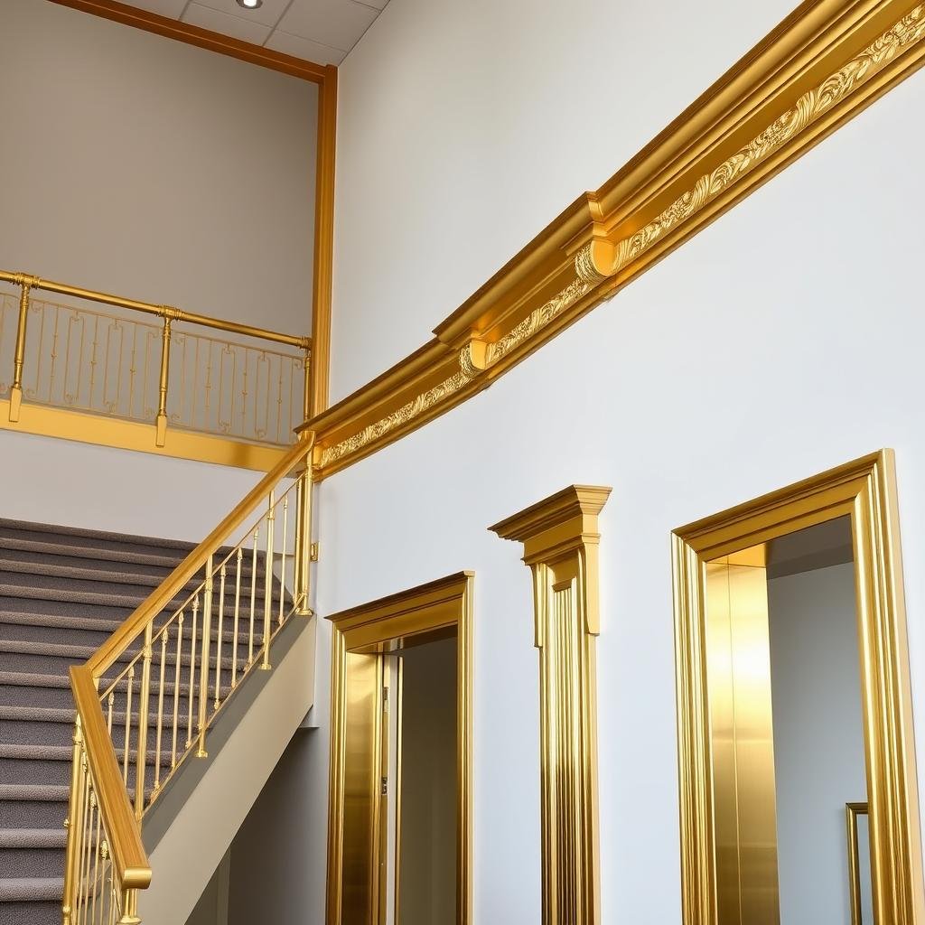 Brass extrusion architectural elements including handrails and decorative trim