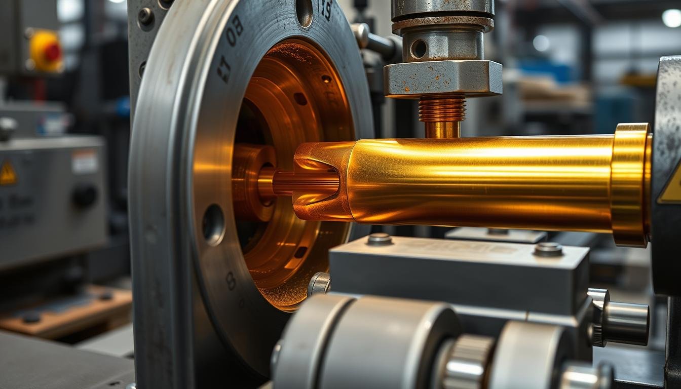 Brass extrusion manufacturing process showing metal being forced through a die