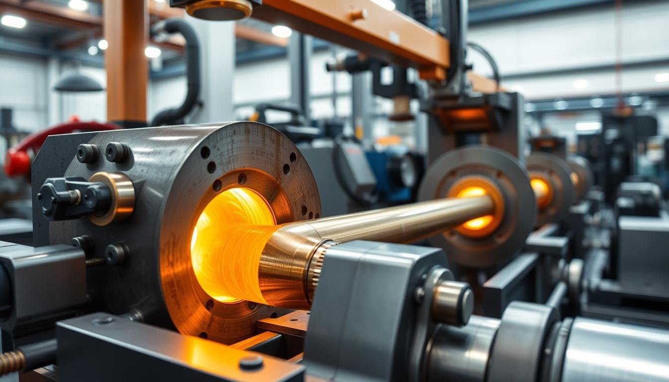 Brass extrusion manufacturing process showing molten brass being forced through a die