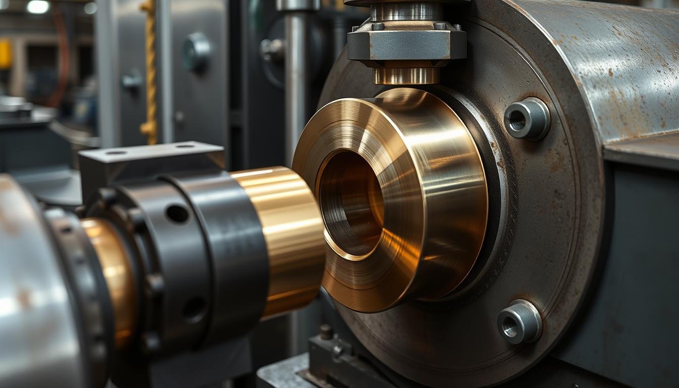 Brass extrusion manufacturing process showing molten brass being forced through a die