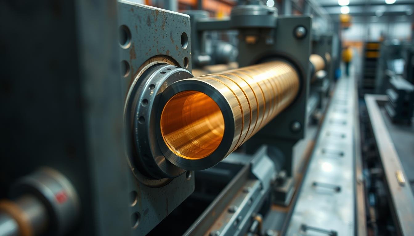 Brass extrusion process showing molten brass being forced through a die