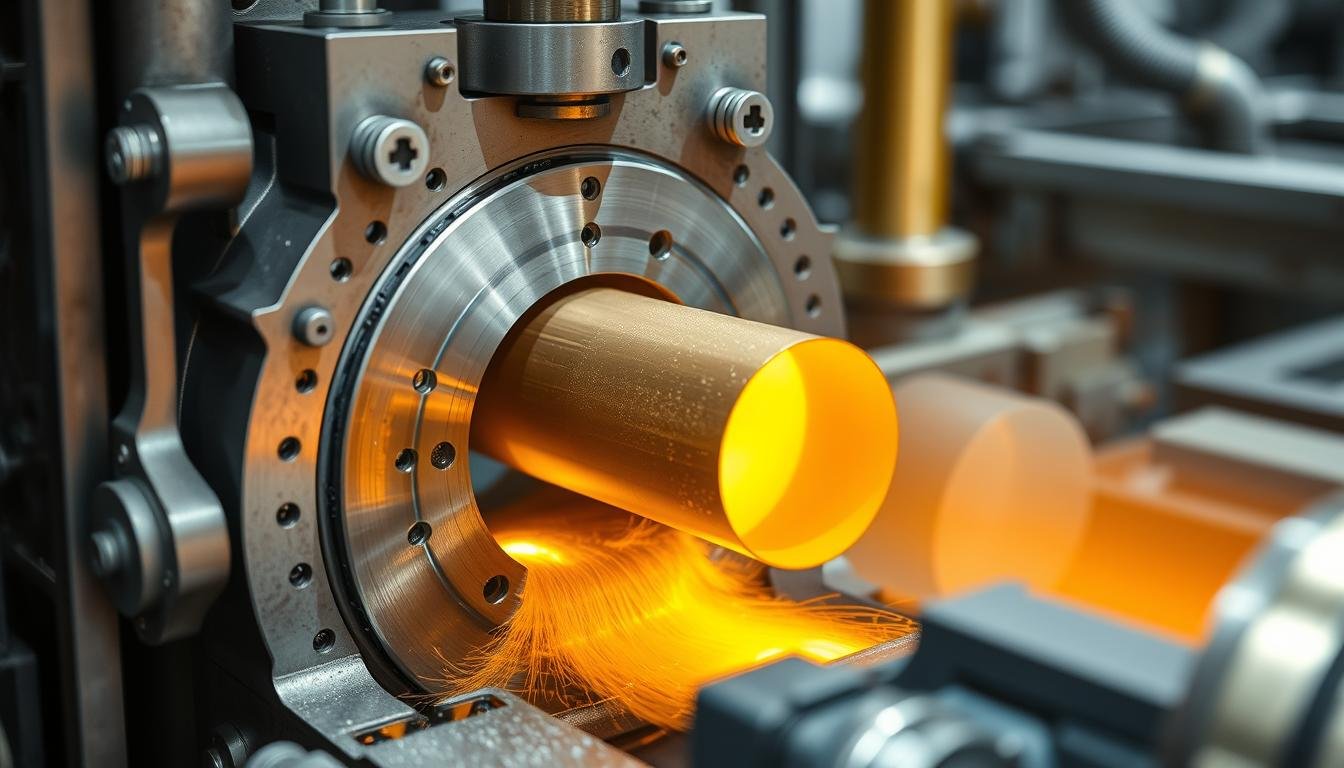 Brass extrusion process showing molten brass being forced through a die to create a specific profile