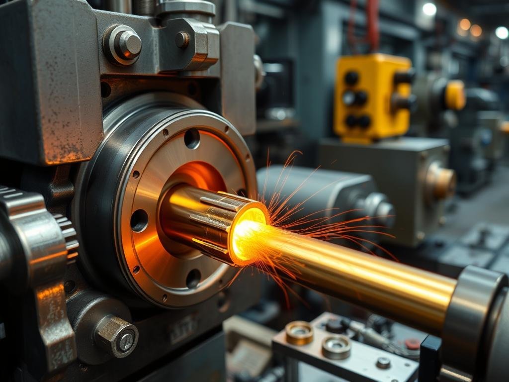 Brass extrusion process showing molten brass being forced through a die