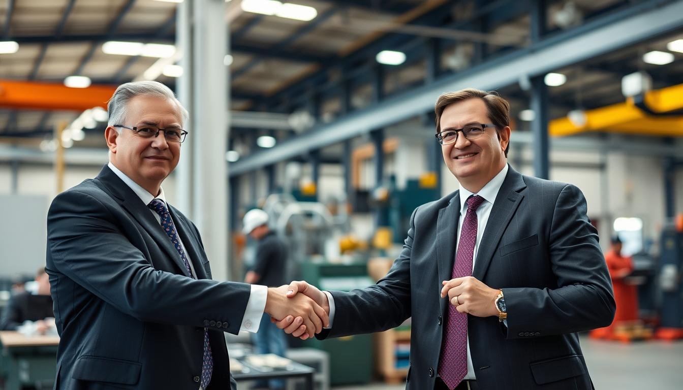 Business partnership handshake for metal forge parts distribution