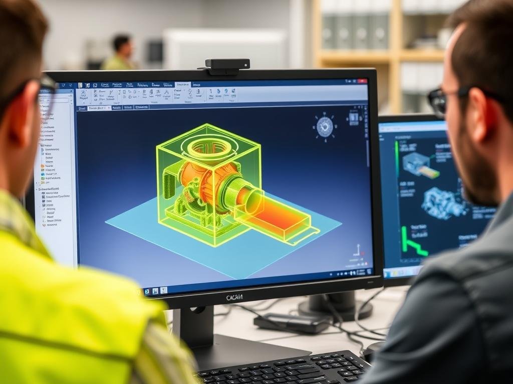 CAD design of complex billet part being programmed for CNC machining
