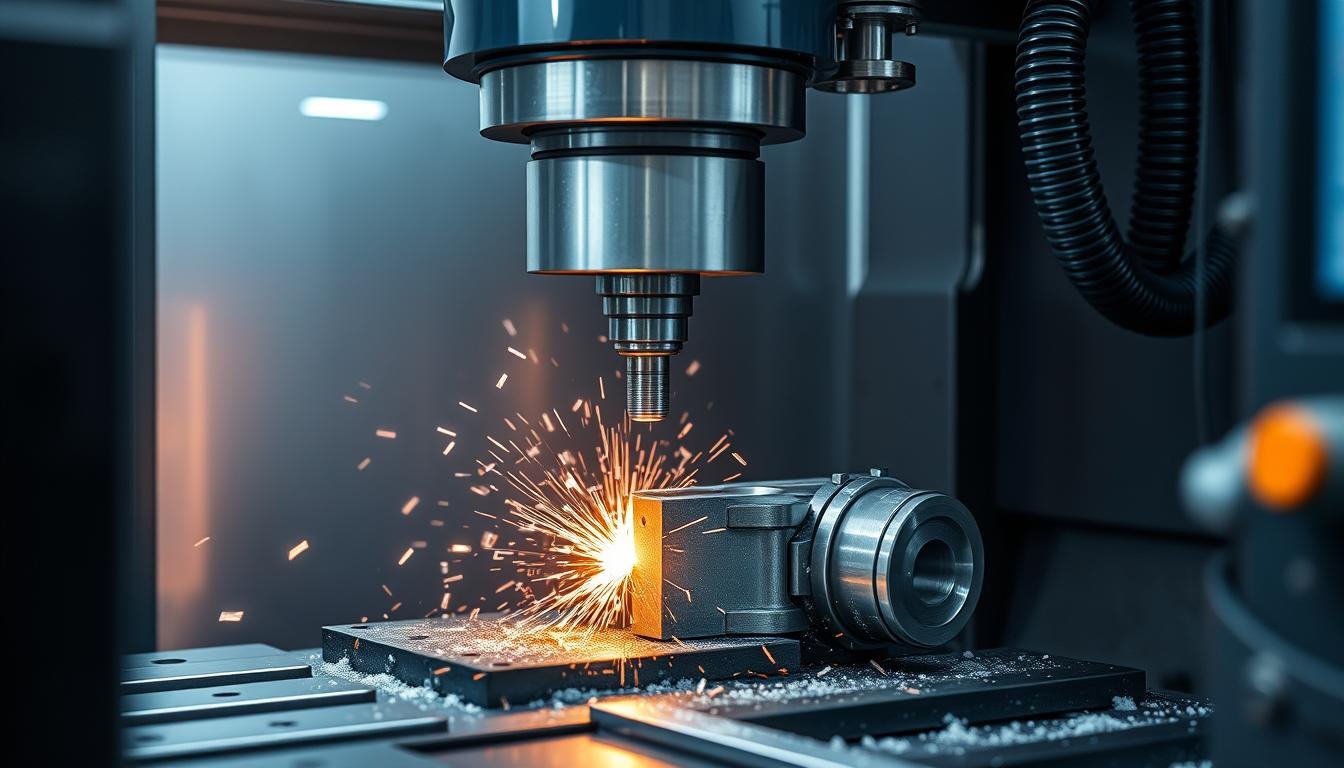 CNC machine creating precision part from metal billet