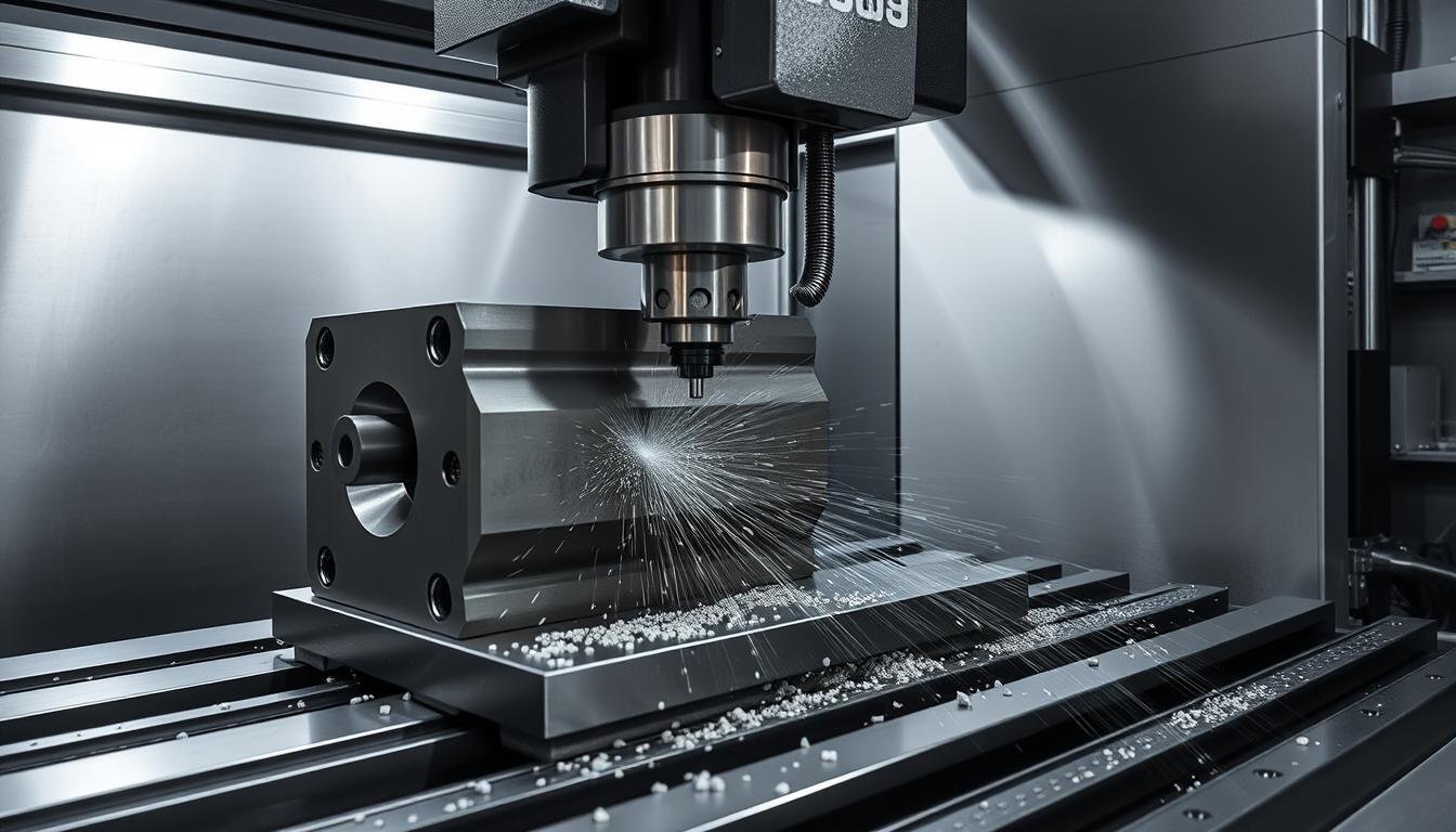 CNC machine cutting a metal billet block showing the Benefits of Machining Parts from Billet