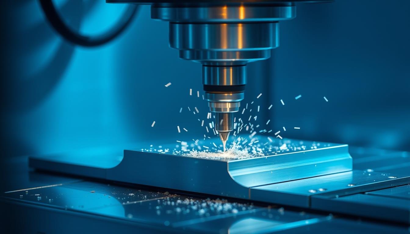 CNC machine performing billet machining on metal block