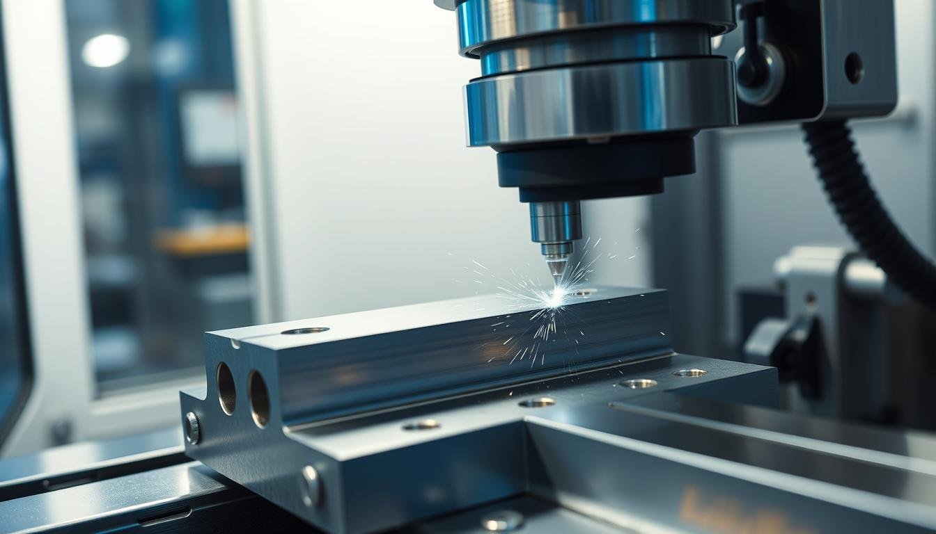 CNC machine precisely cutting a metal billet with coolant spray