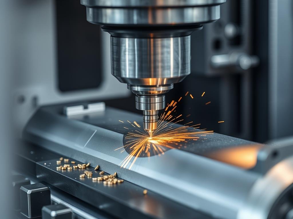 CNC machine precisely cutting a steel component with cutting fluid CNC machine precisely cutting a steel component with cutting fluid