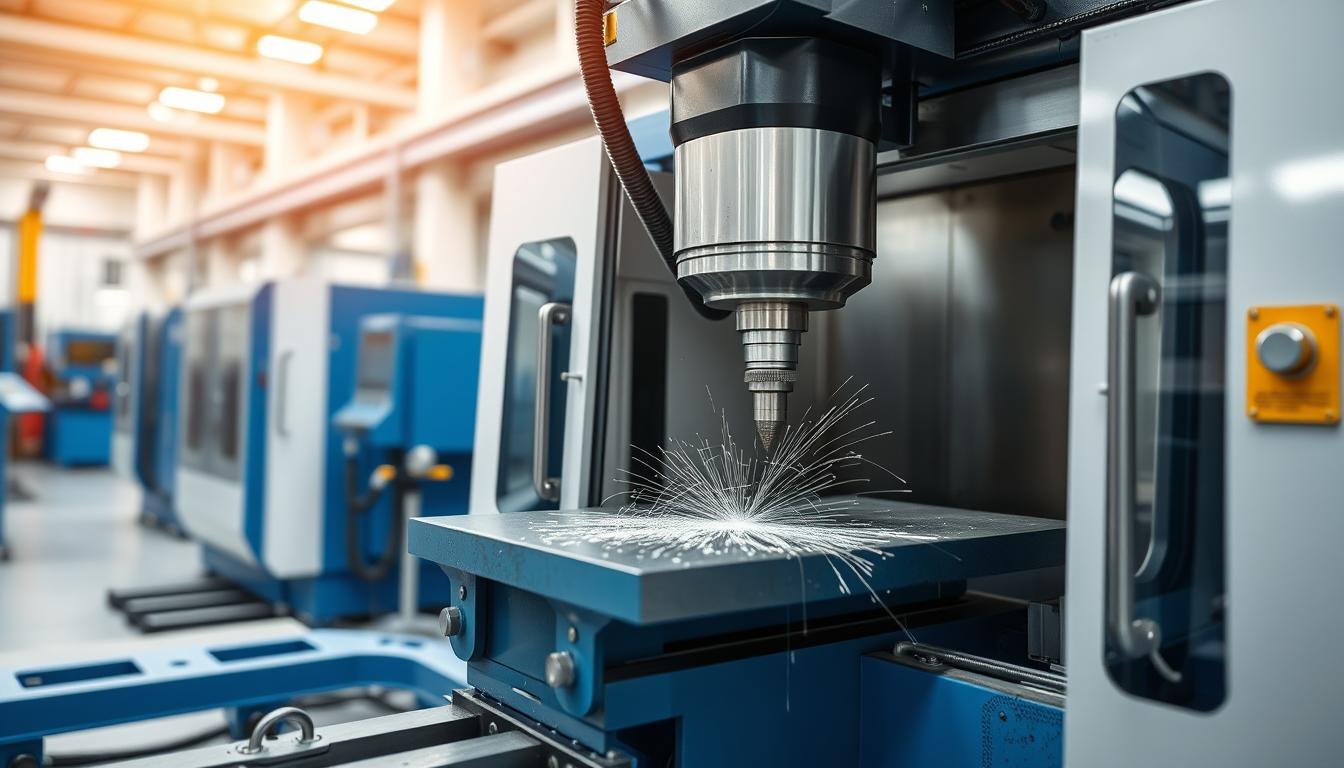 CNC machine working on metal billet in MAIKONG manufacturing facility