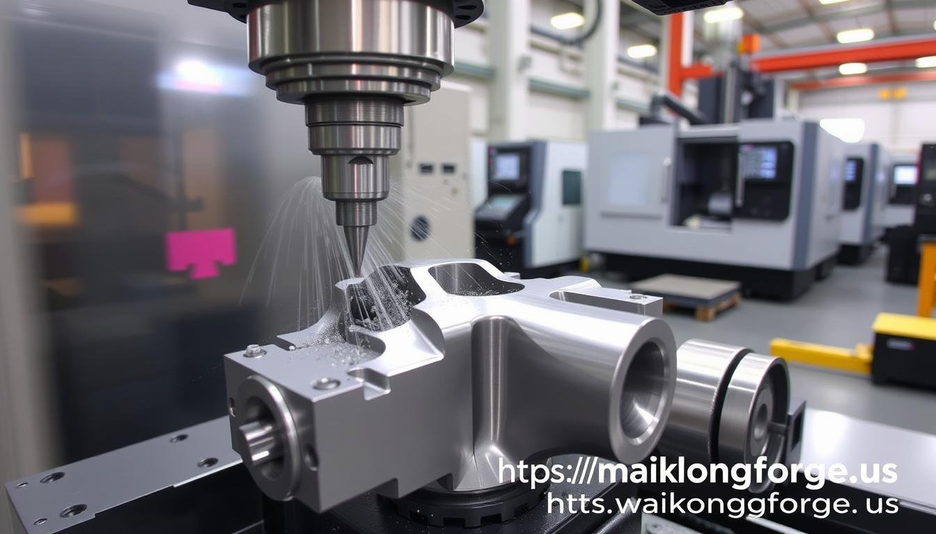 CNC machining of aluminum forged part showing precision finishing operations with https://maikongforge.us watermark