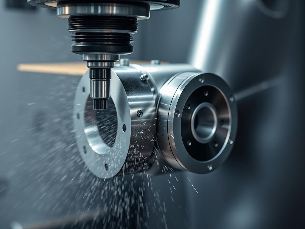 CNC turning operation on a machined forged aluminum center CNC turning operation on a machined forged aluminum center