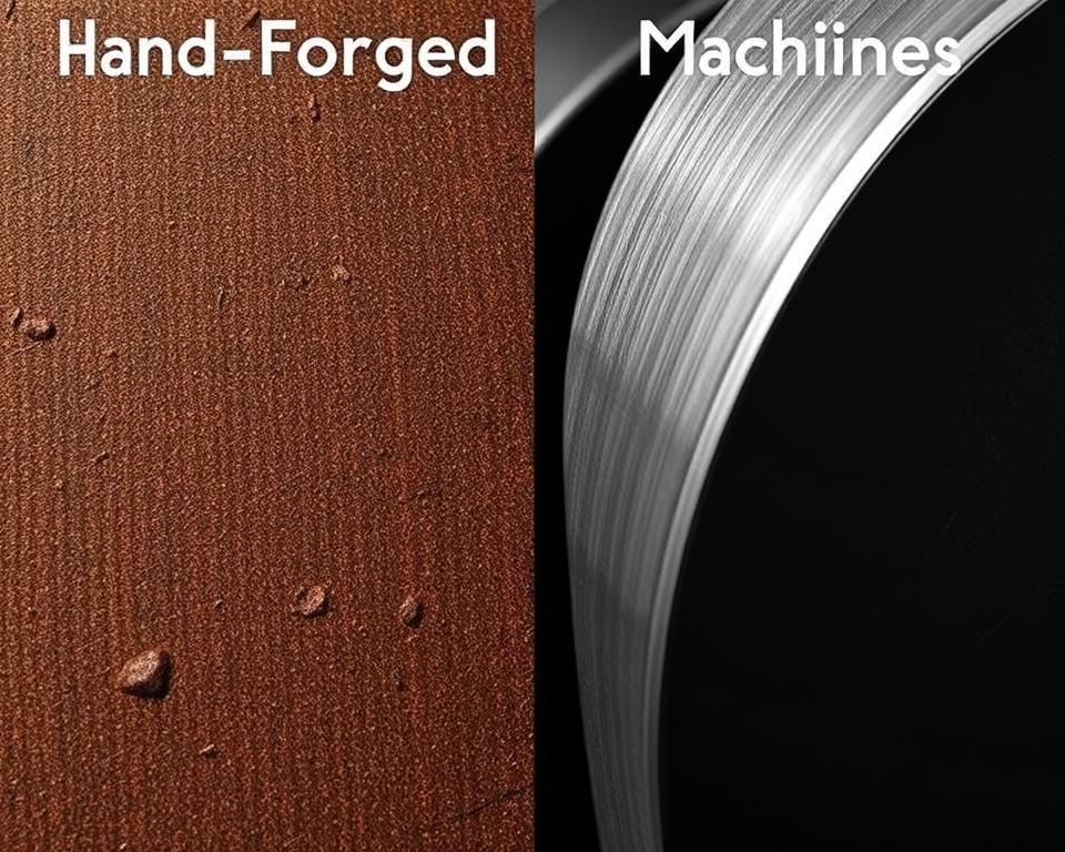 Close-up comparison showing the surface texture differences between hand forged and machined aluminum vintage parts