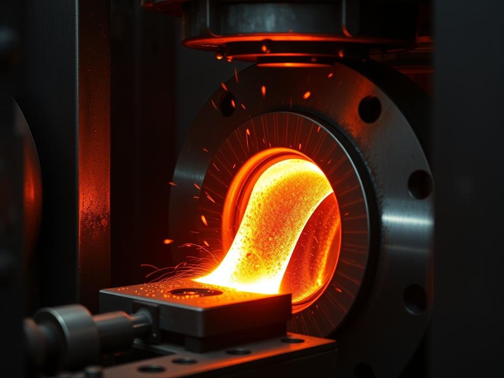 Close-up of aluminum forging process showing heated aluminum being shaped in a die Close-up of aluminum forging process showing heated aluminum being shaped in a die