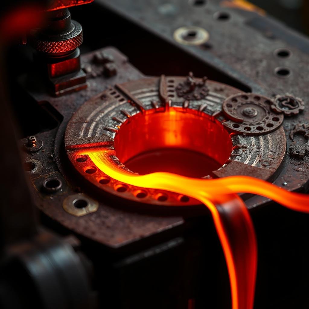 Close-up of hot aluminum forging die with glowing metal being shaped