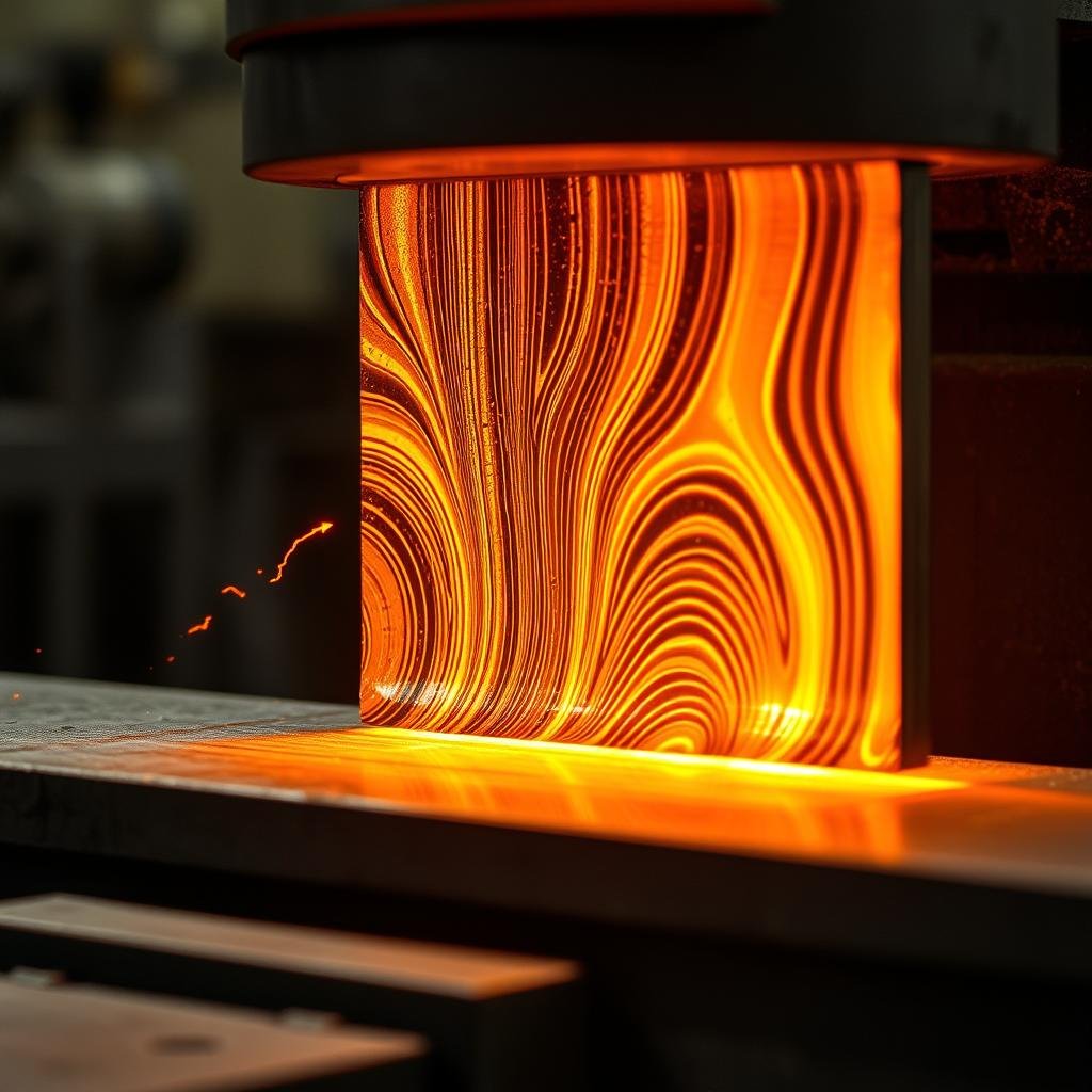 Close-up of metal forge process showing grain flow direction during forging operation