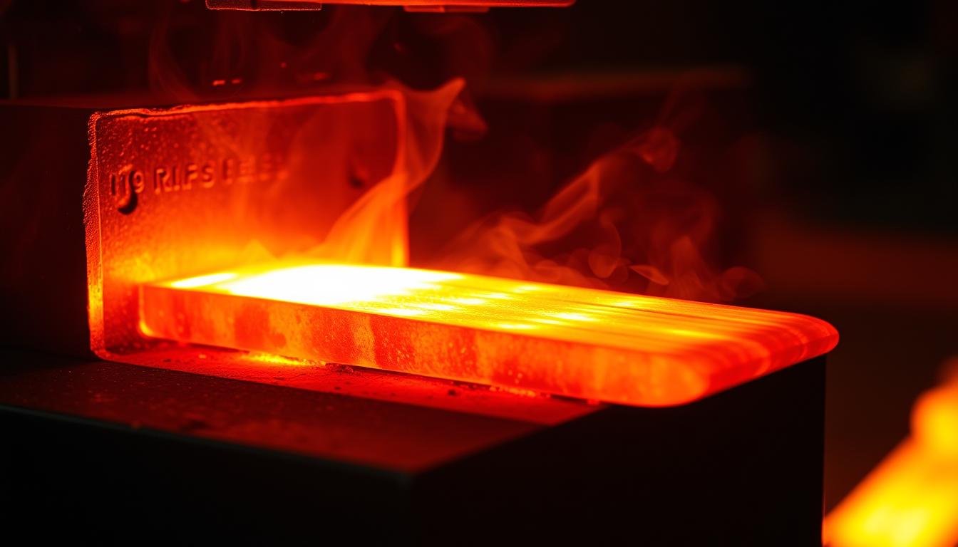 Close-up of metal forge process showing hot metal being shaped at MAIKONG facility