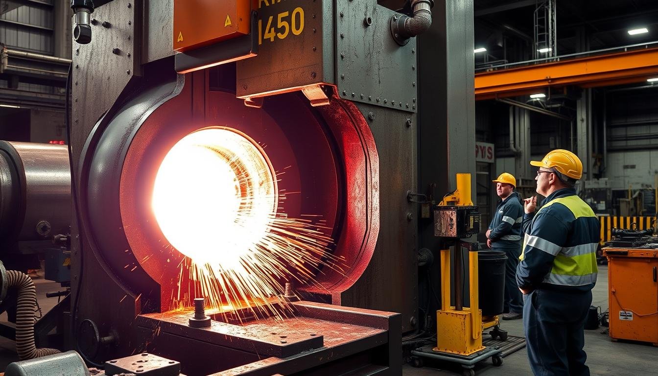 Closed die forging operation showing metal being compressed between dies