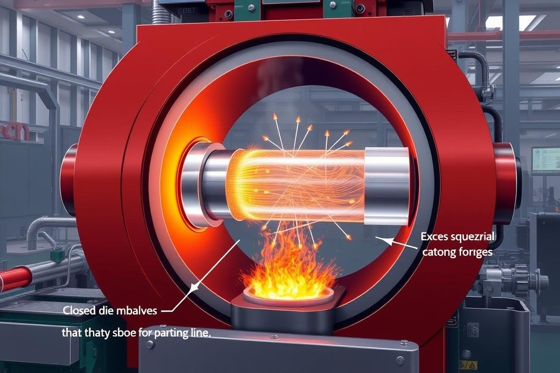 Closed die forging process showing aluminum being shaped in precision dies