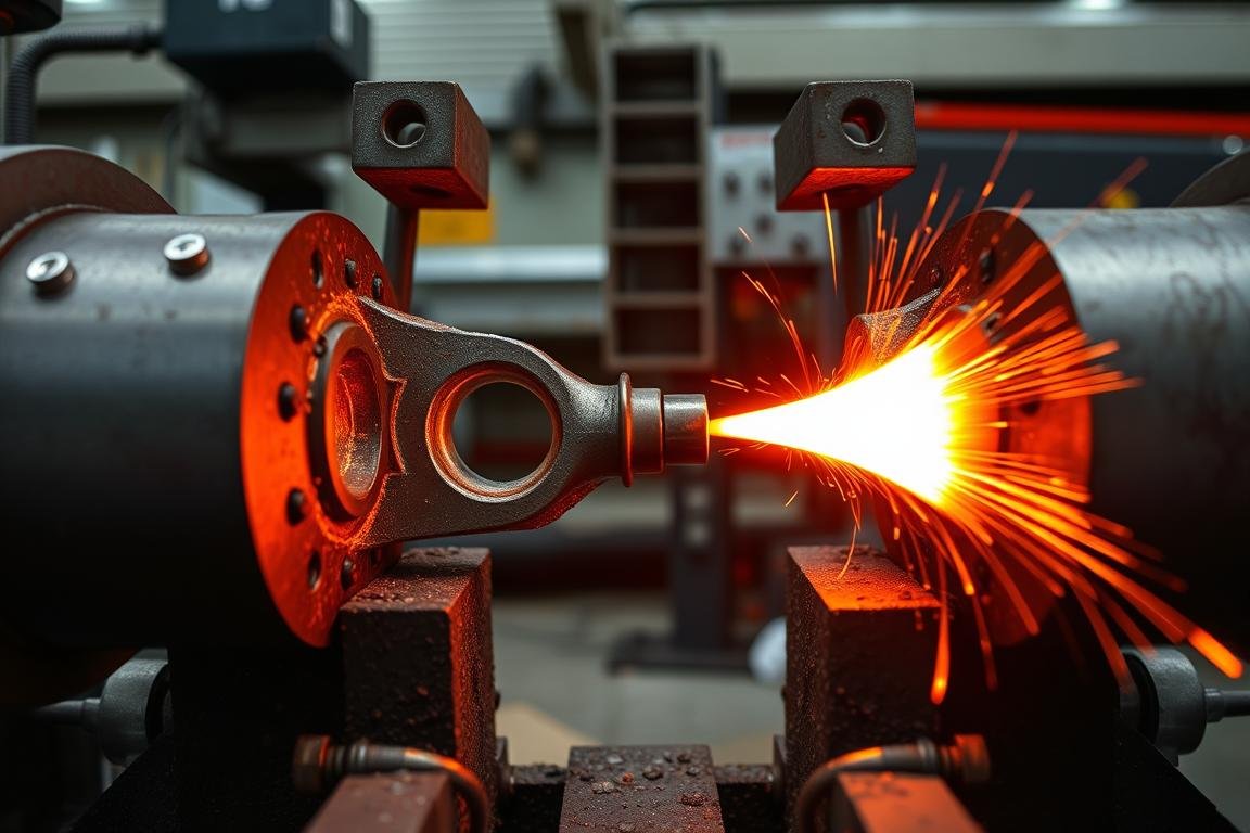 Closed die forging process showing precision steel component formation