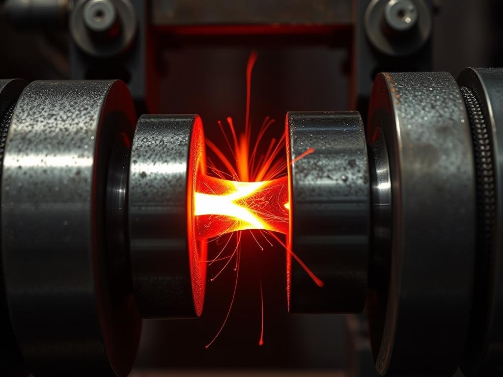 Closed die forging with metal being pressed between two die halves