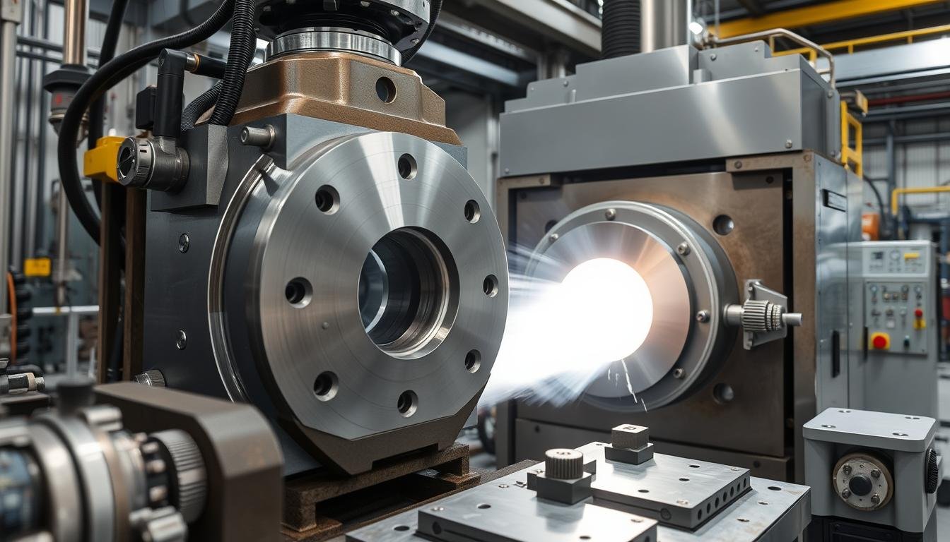 Cold aluminum forging process showing precision dies and equipment