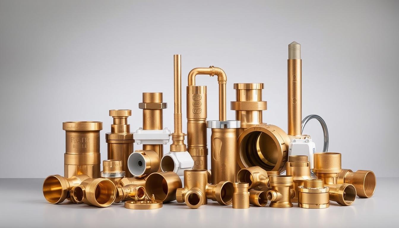 Collection of various brass extrusion applications including architectural elements, plumbing components, and electrical parts
