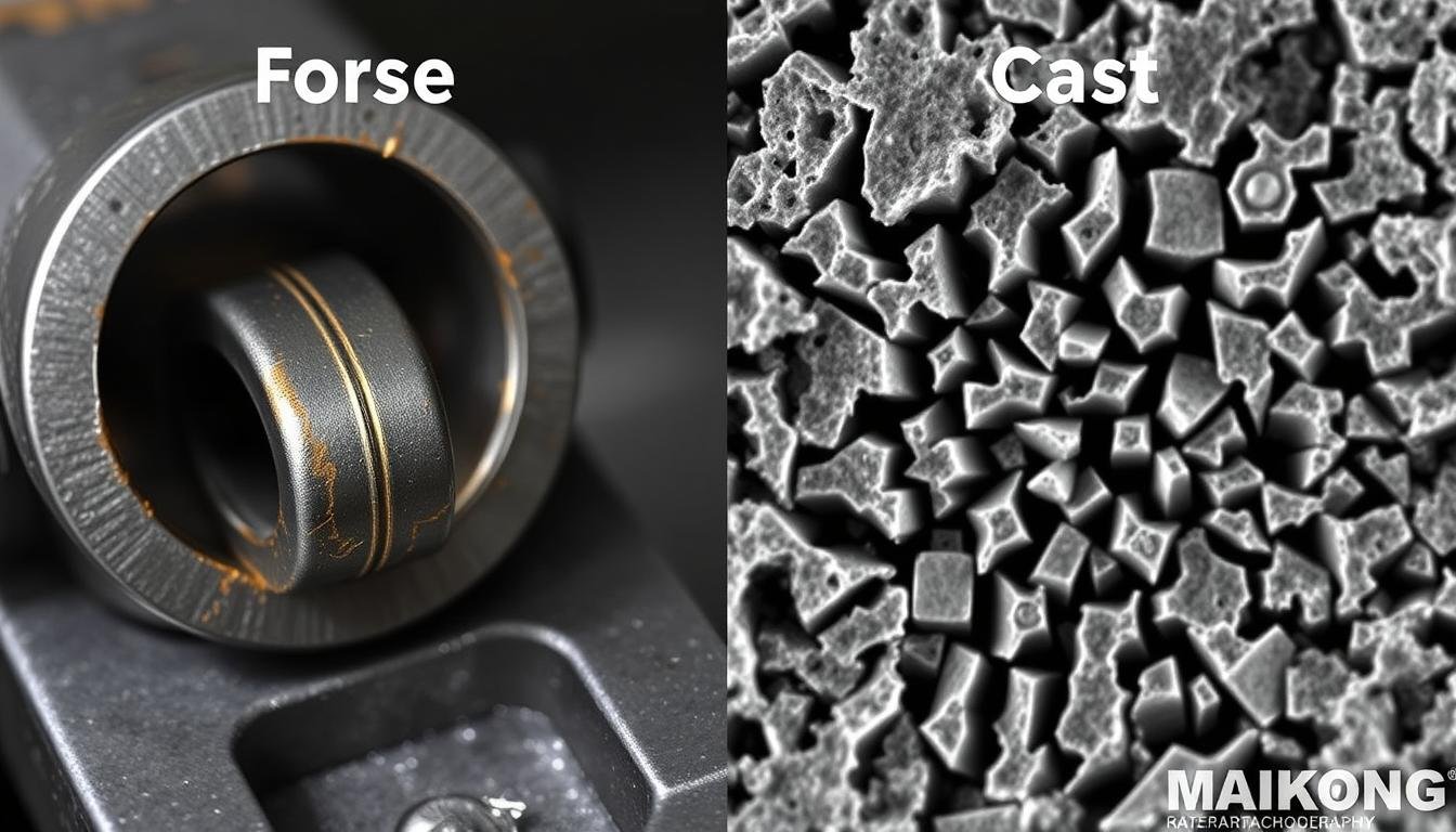 Comparison between forged and cast metal parts showing the superior grain structure of forged components