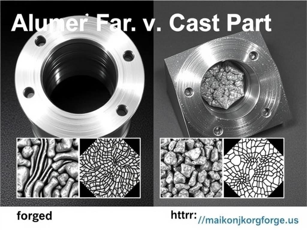 Comparison of aluminum forged part versus cast part showing grain structure differences