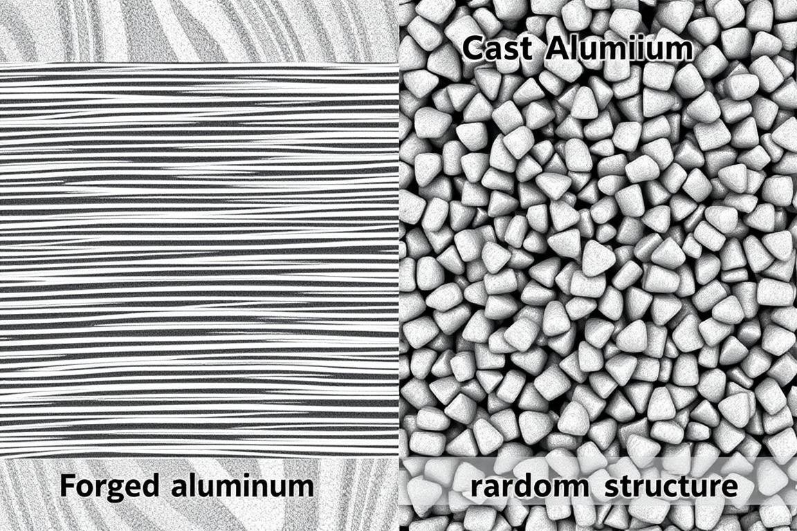 Comparison of aluminum forging and casting microstructures showing superior grain alignment in forged components